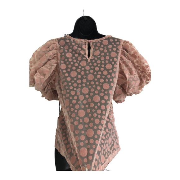 Pink sheer mesh chiffon pink suede dotted puff bubble sleeve blouse top size  M - Picture 16 of 16